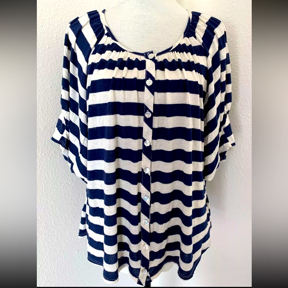 Love Soup Sz S Button Up Round Neck Kimono Sleeves Navy Striped Blouse Top Tunic